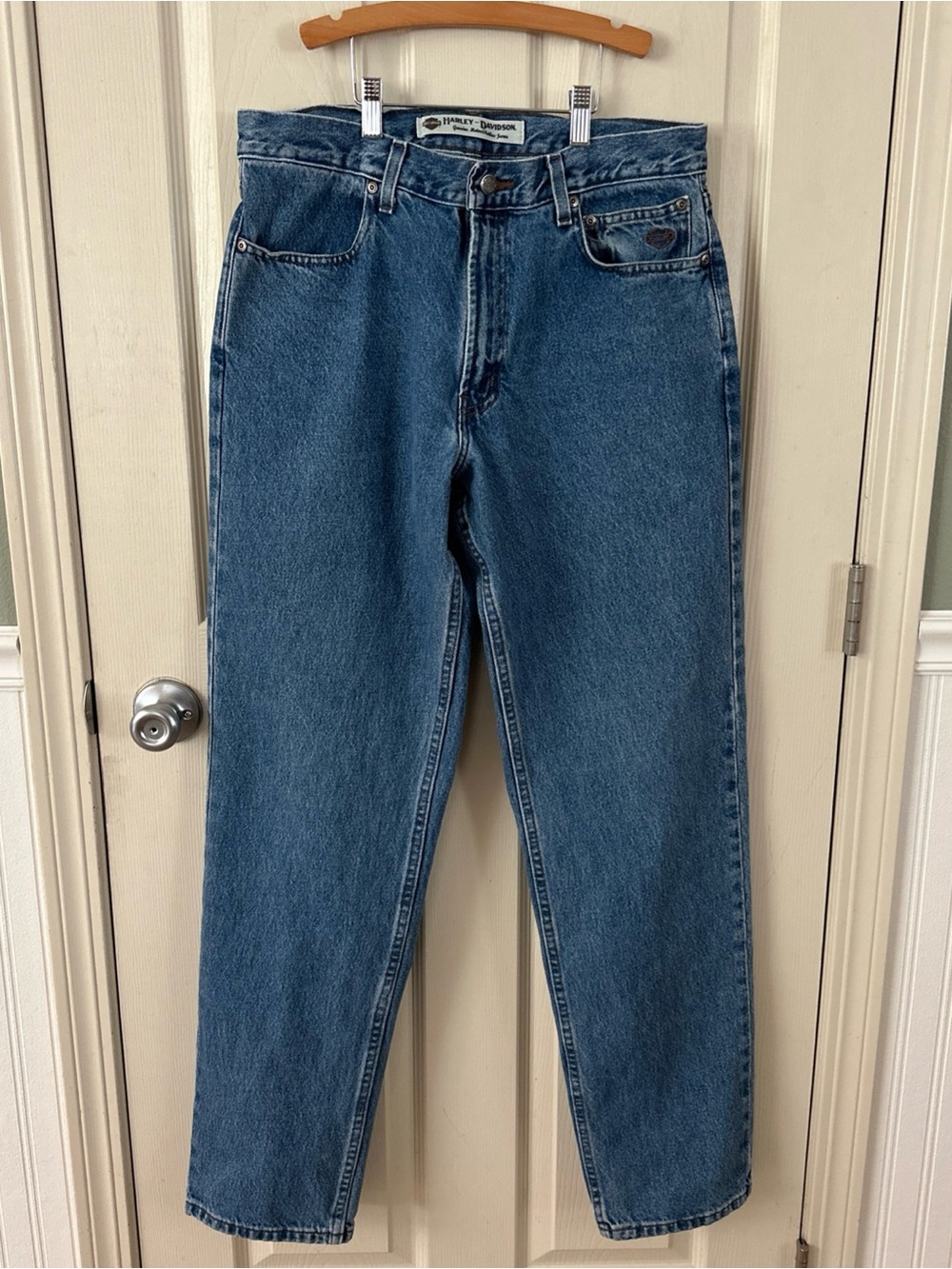 Harley-Davidson Blue Denim Straight Jeans 5-Pocket Button Zip Logo 34x34